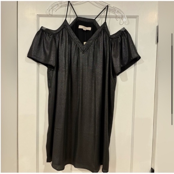 Loft NEW Cold Shoulder Dress Metallic Shimmer Gunmetal Grey with Racer Back MP - Picture 4 of 13